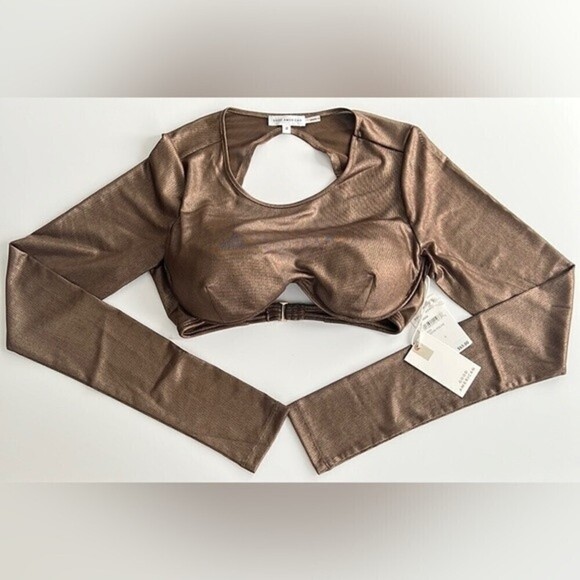 NWT Good American Mesh Underwire Crop Top Long Sleeve Mocha Foil Size 2 / Medium - Picture 3 of 12